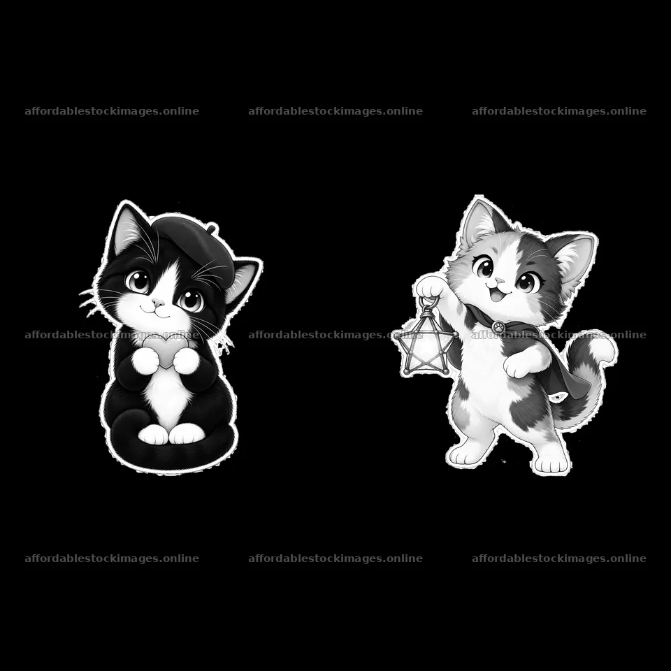 Kawaii cat duo holding lantern with stylish poses – stock images 7746x7746