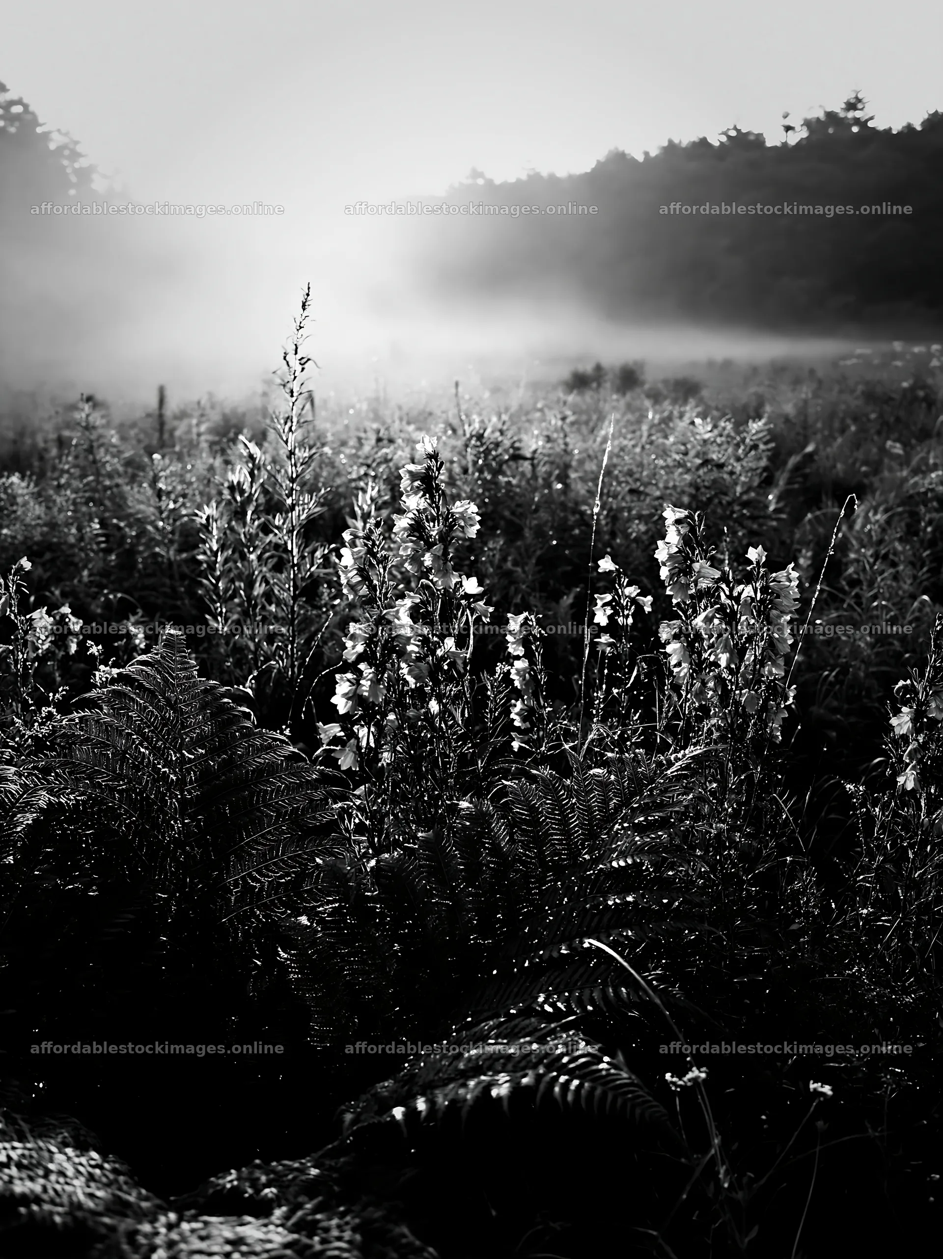 Nara summer meadow with ferns and mist in black and white – stock images 6866x9174