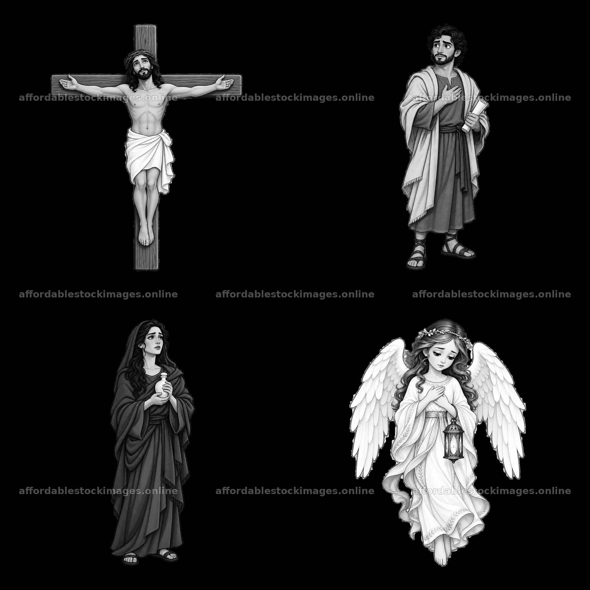 Jesus on the cross with figures of Mary, John, and an angel – stock images 7746x7746