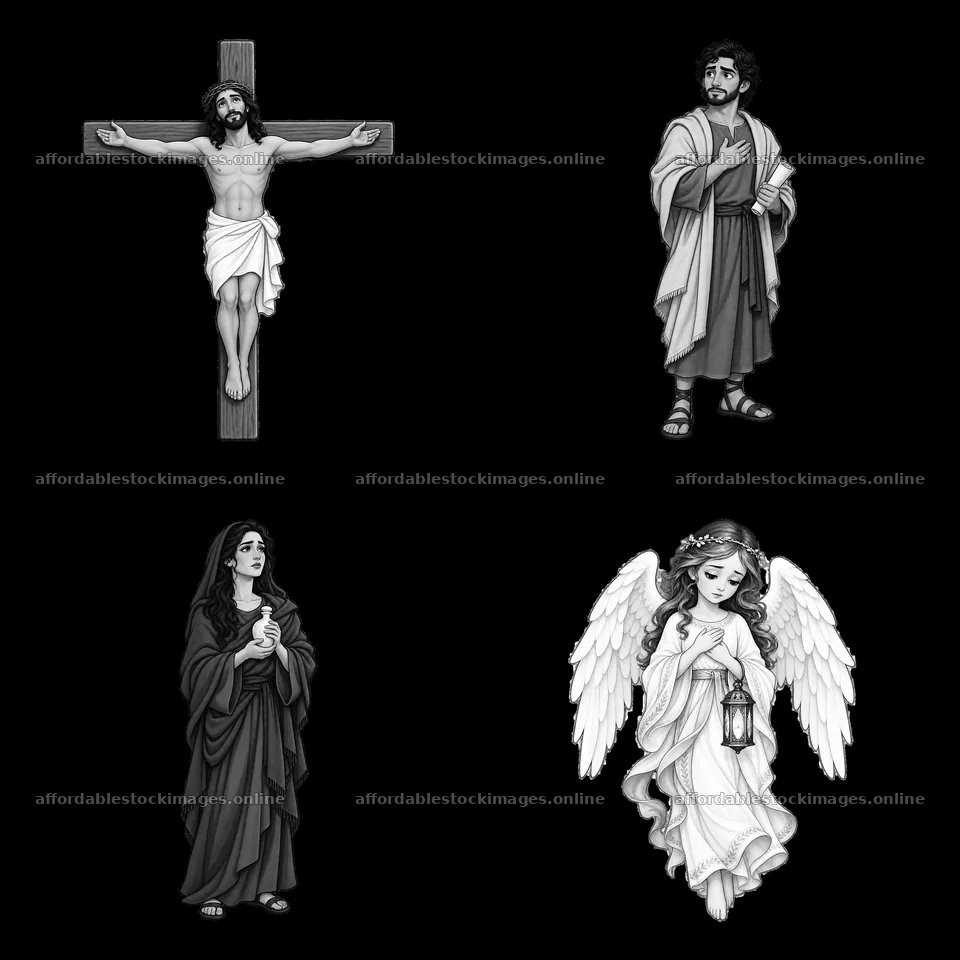 Jesus on the cross with figures of Mary, John, and an angel – stock images 7746x7746
