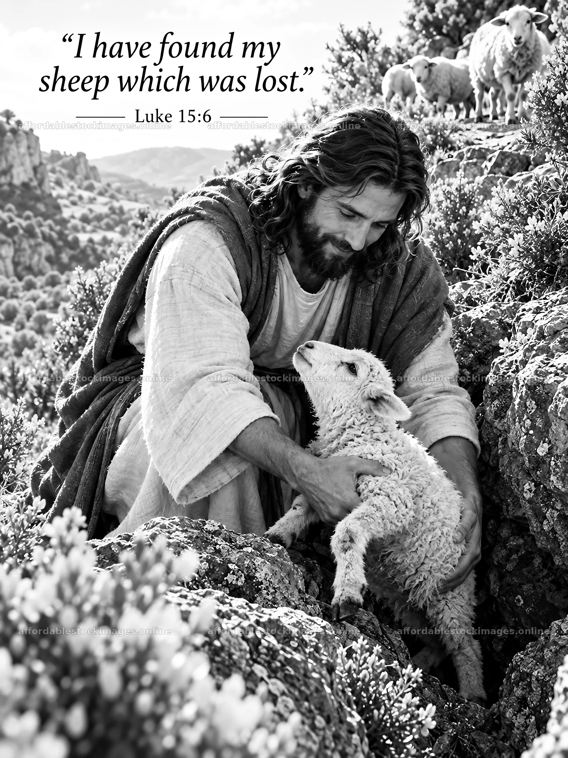 Jesus Christ carries a lost sheep in a pastoral setting – stock images 6708x8945