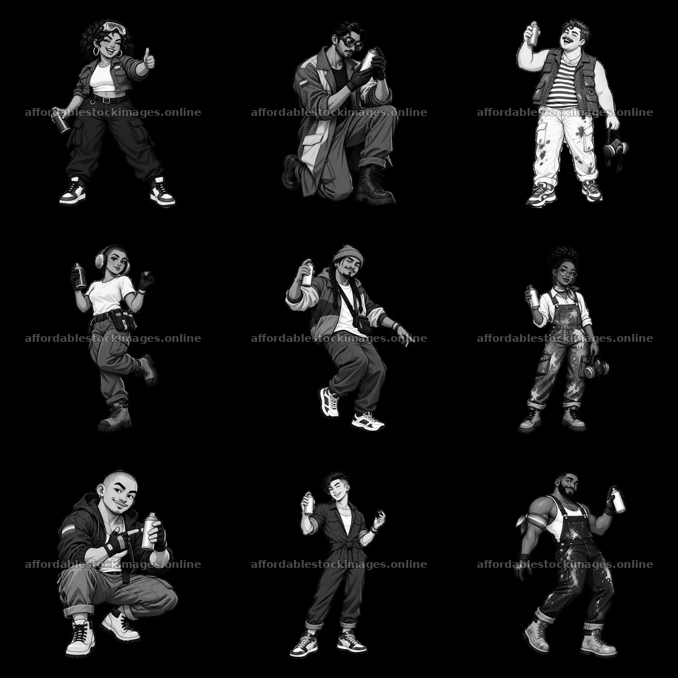 Gay graffiti spray painters in various poses creating art – stock images 7746x7746