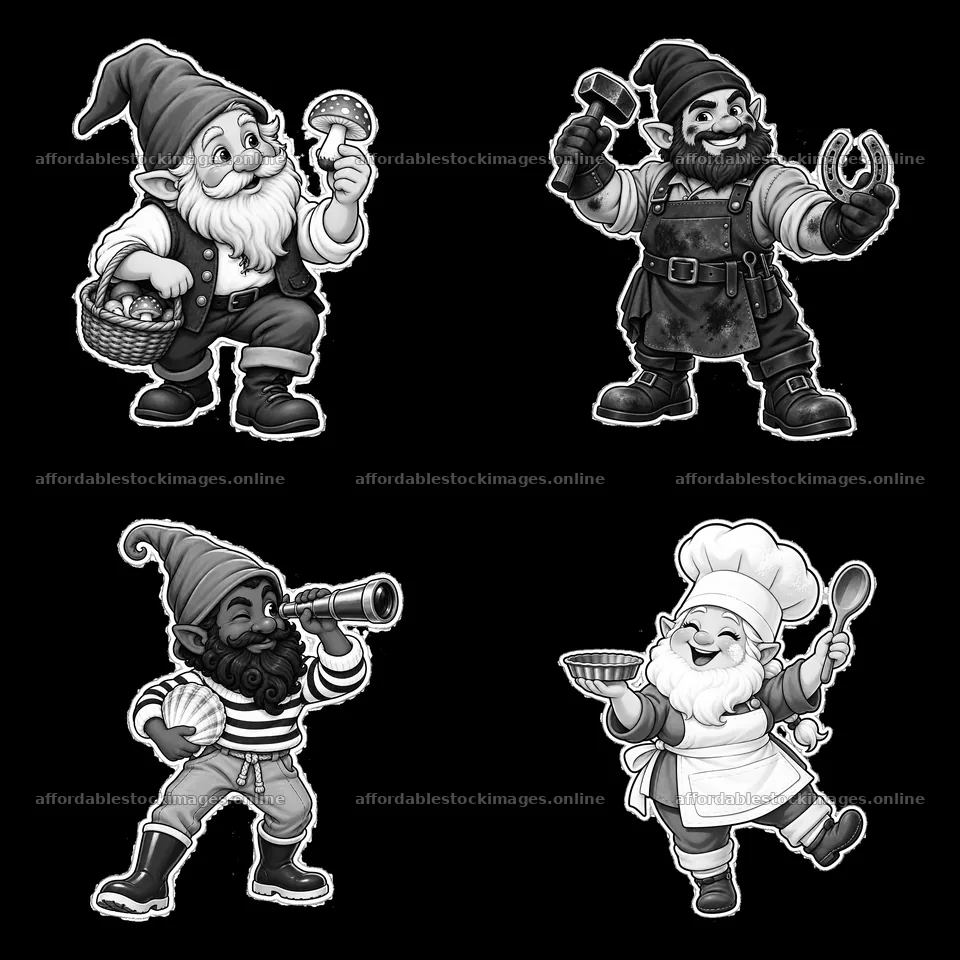 Four cheerful gnomes engaged in various activities in – stock images 7746x7746