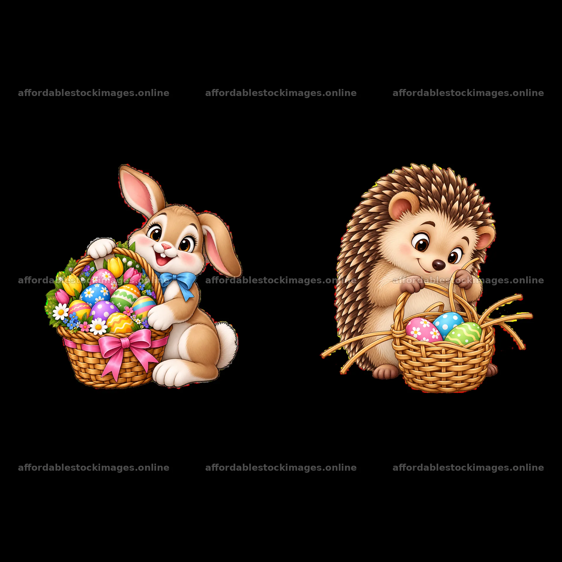 Cartoon rabbit and hedgehog with Easter baskets – stock images 7746x7746