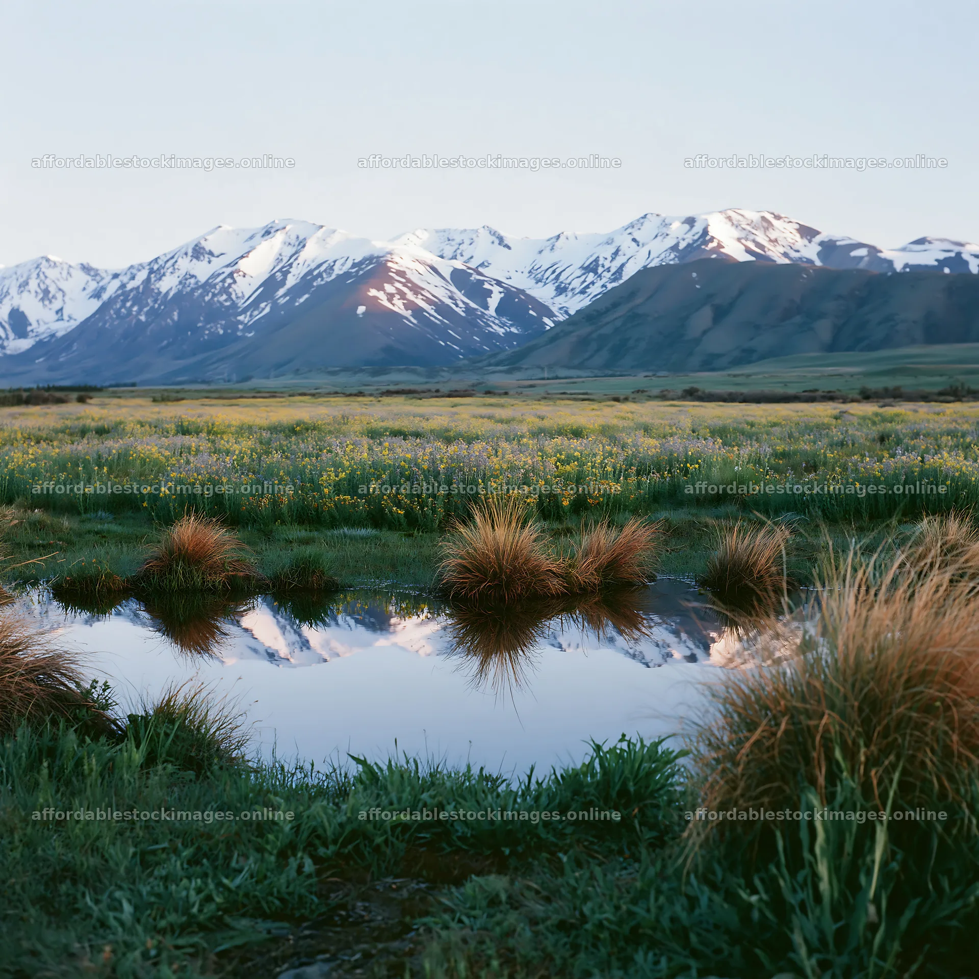 Snowy alps and lake tekapo meadow with reflections – stock images 7938x7938
