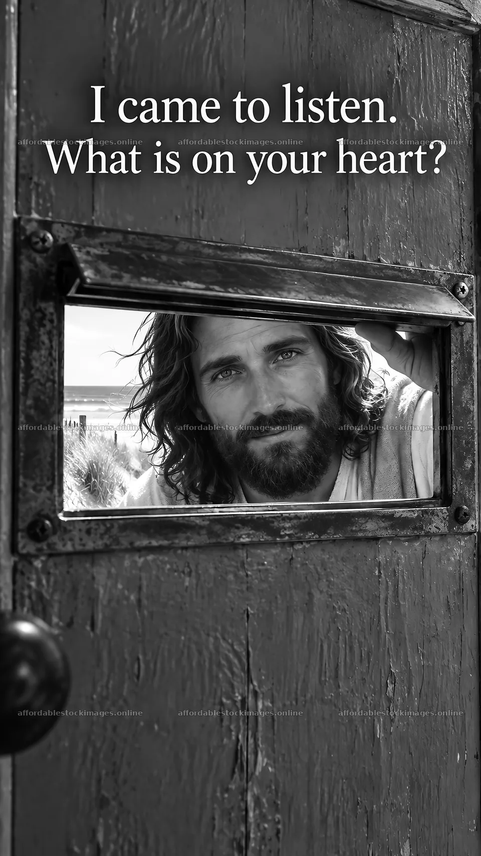Jesus Christ listening at the door, welcoming heartfelt views – stock images 5811x10326