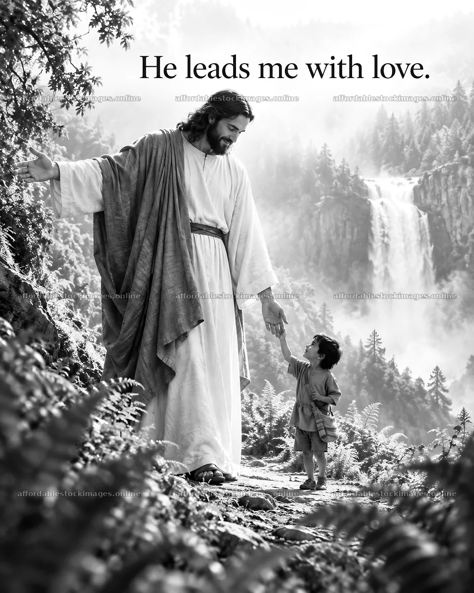 Jesus Christ leads a child with love in a natural setting – stock images 6930x8659