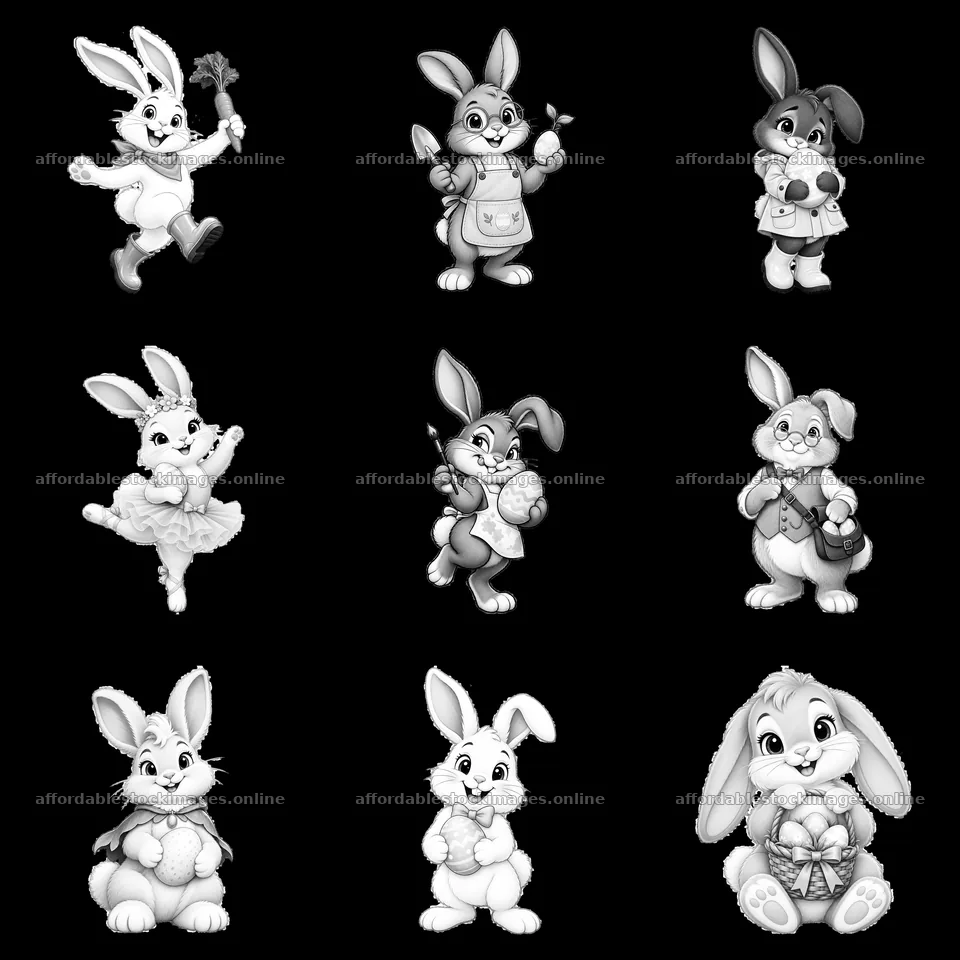 Easter bunnies in various poses with accessories and activities – stock images 7746x7746