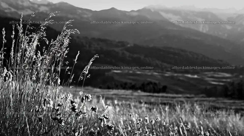 Meadow seedheads backlit at dusk in a mountainous landscape – stock images 10608x5938