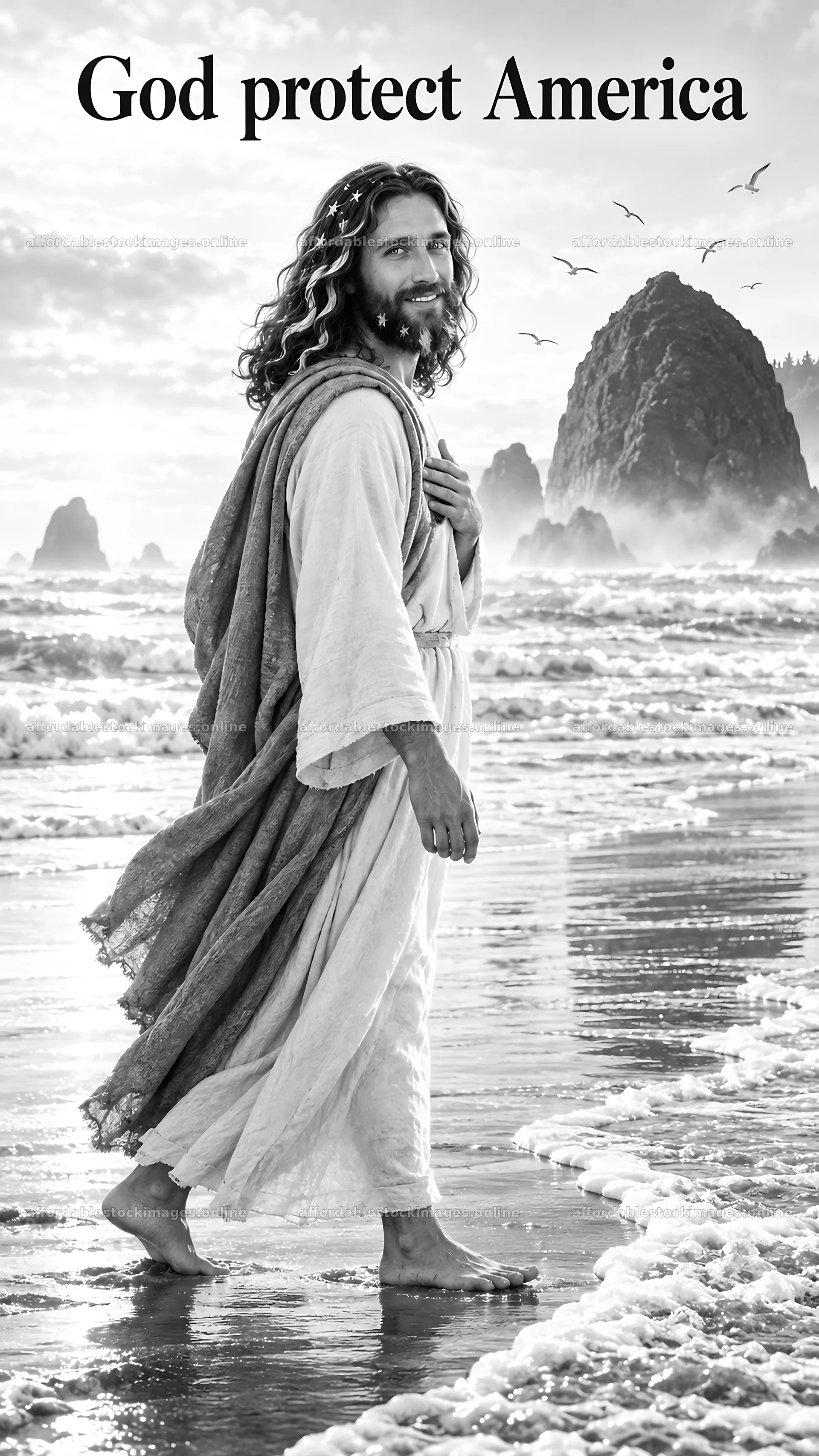Jesus Christ walking on the beach with a message for America – stock images 5811x10326