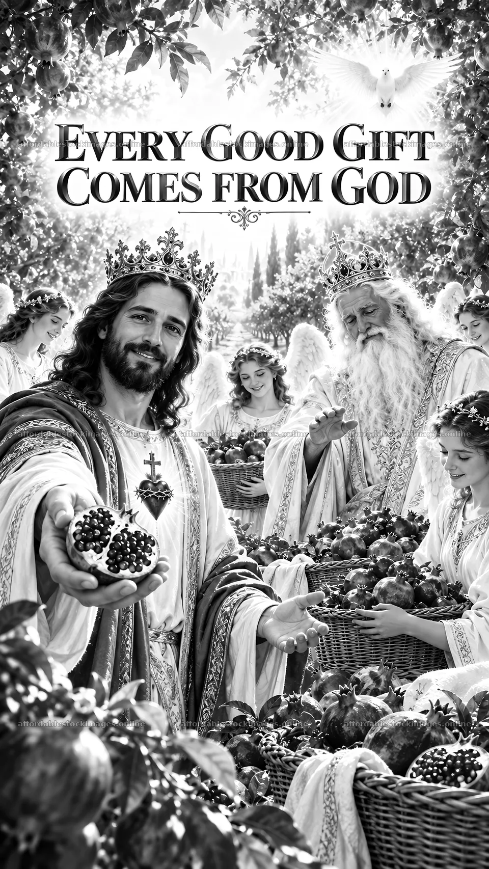 Jesus Christ sharing blessings with others in a fruitful garden – stock images 5811x10326