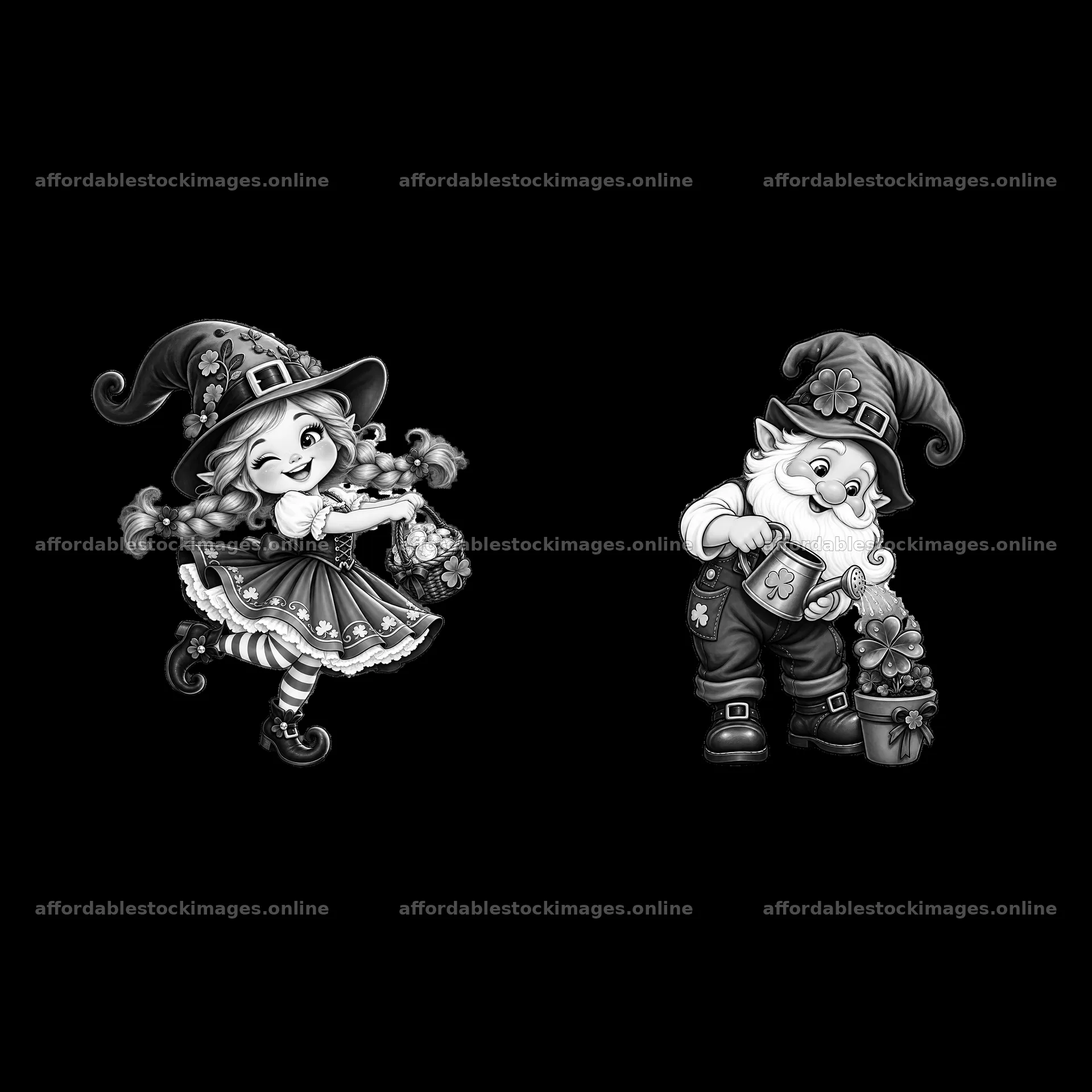 St. Patrick's Day gnome and girl with shamrocks – stock images 7746x7746