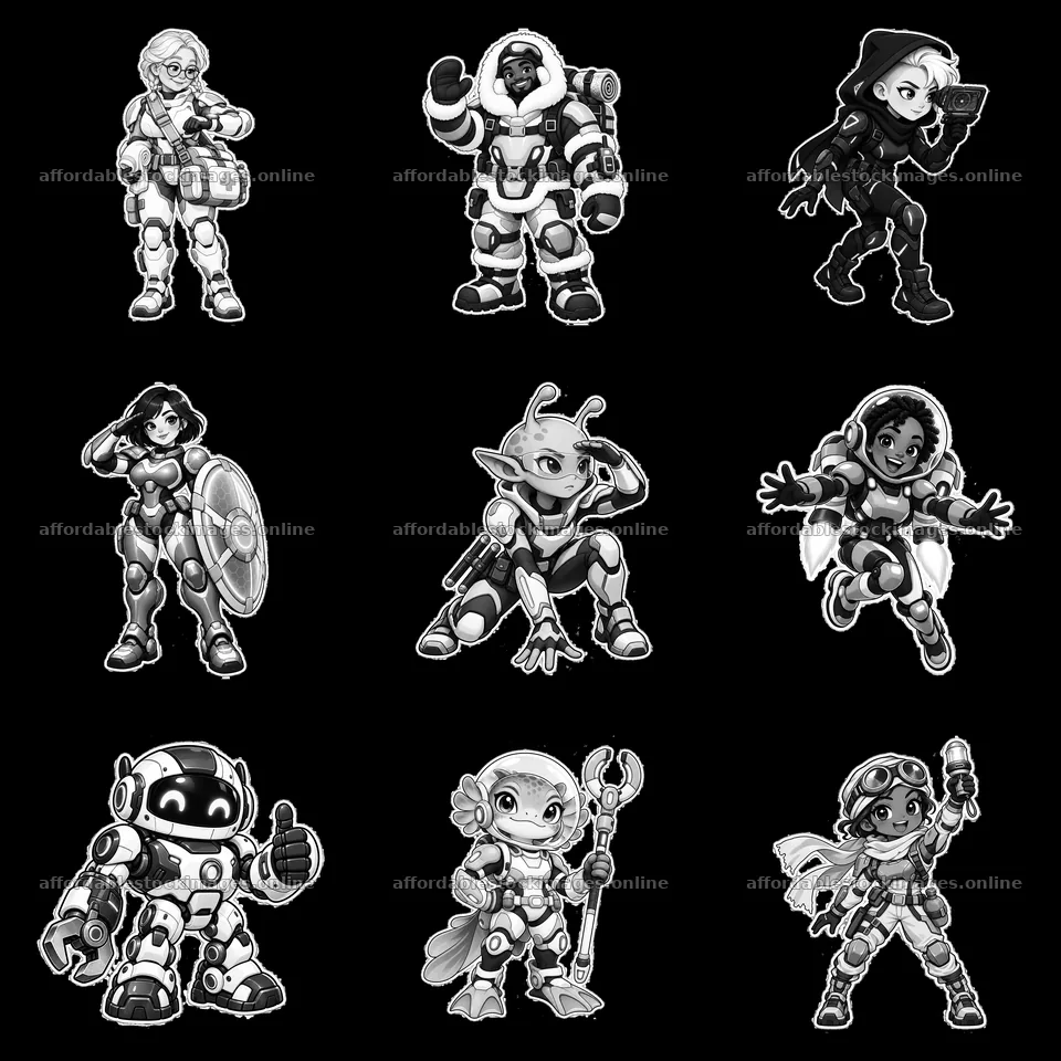 Kawaii futuristic super-soldiers in monochrome design – stock images 7746x7746