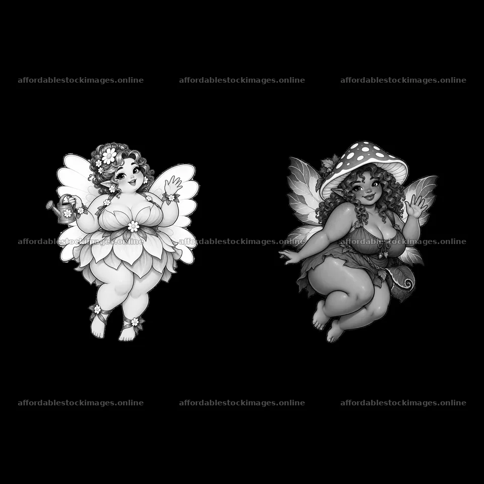 Kawaii ultra-fat fairies holding a flower and a mushroom – stock images 7746x7746