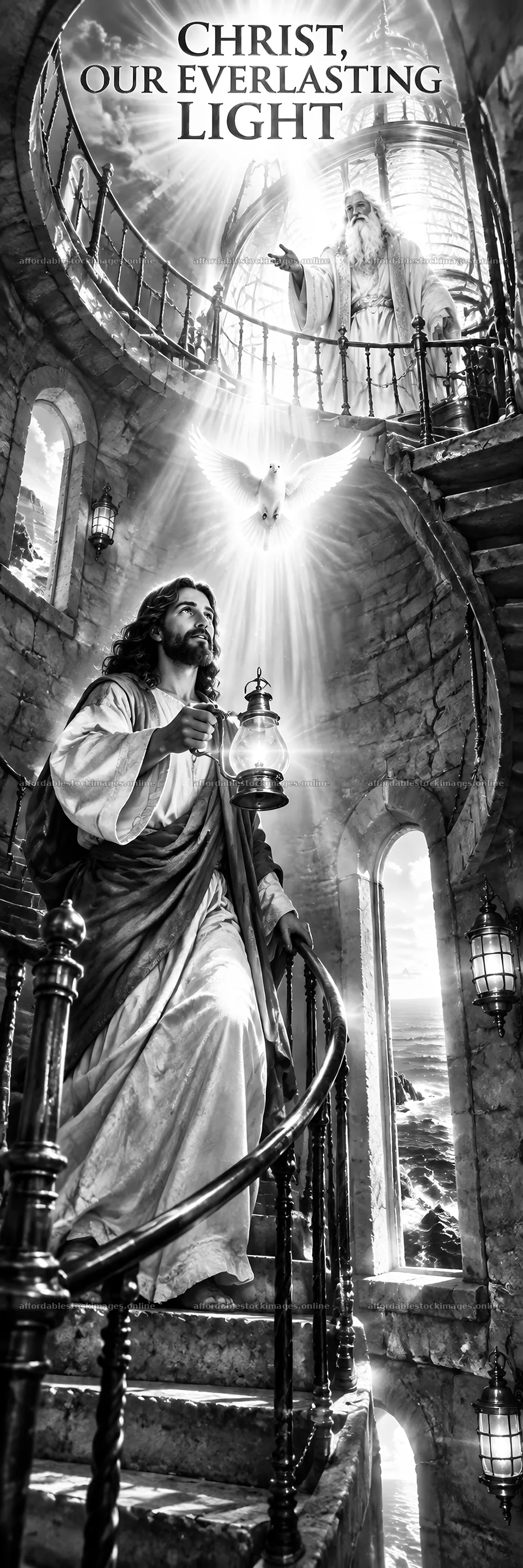 Jesus Christ carrying a lantern in a spiral staircase scene – stock images 4478x13401