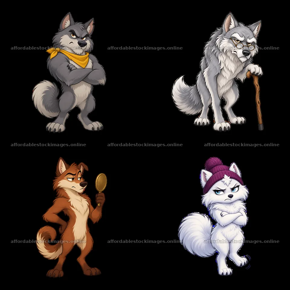 Grumpy cartoon wolf characters in a 2x2 layout – stock images 7746x7746