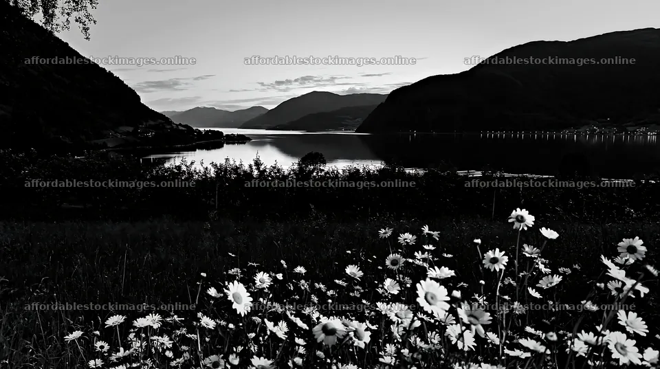 Fjord orchard meadow with flowers and mountains in the – stock images 10608x5938