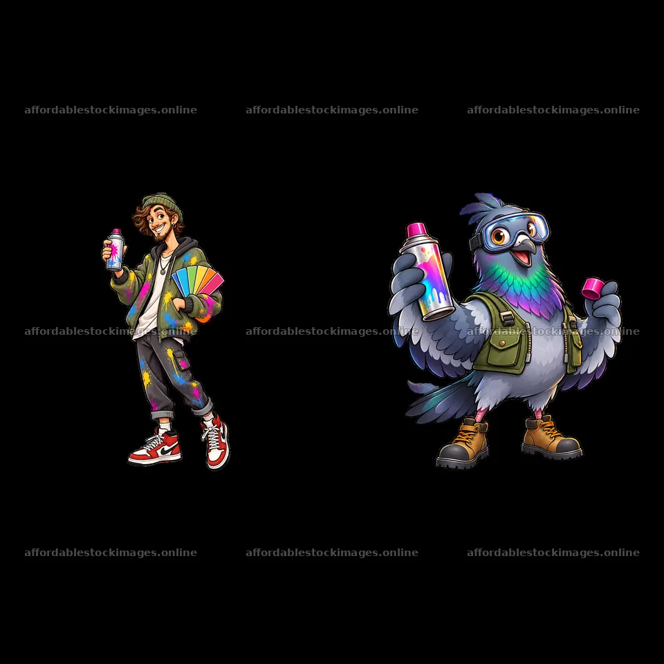 Graffiti sprayer with colorful spray cans and a bird assistant – stock images 7746x7746
