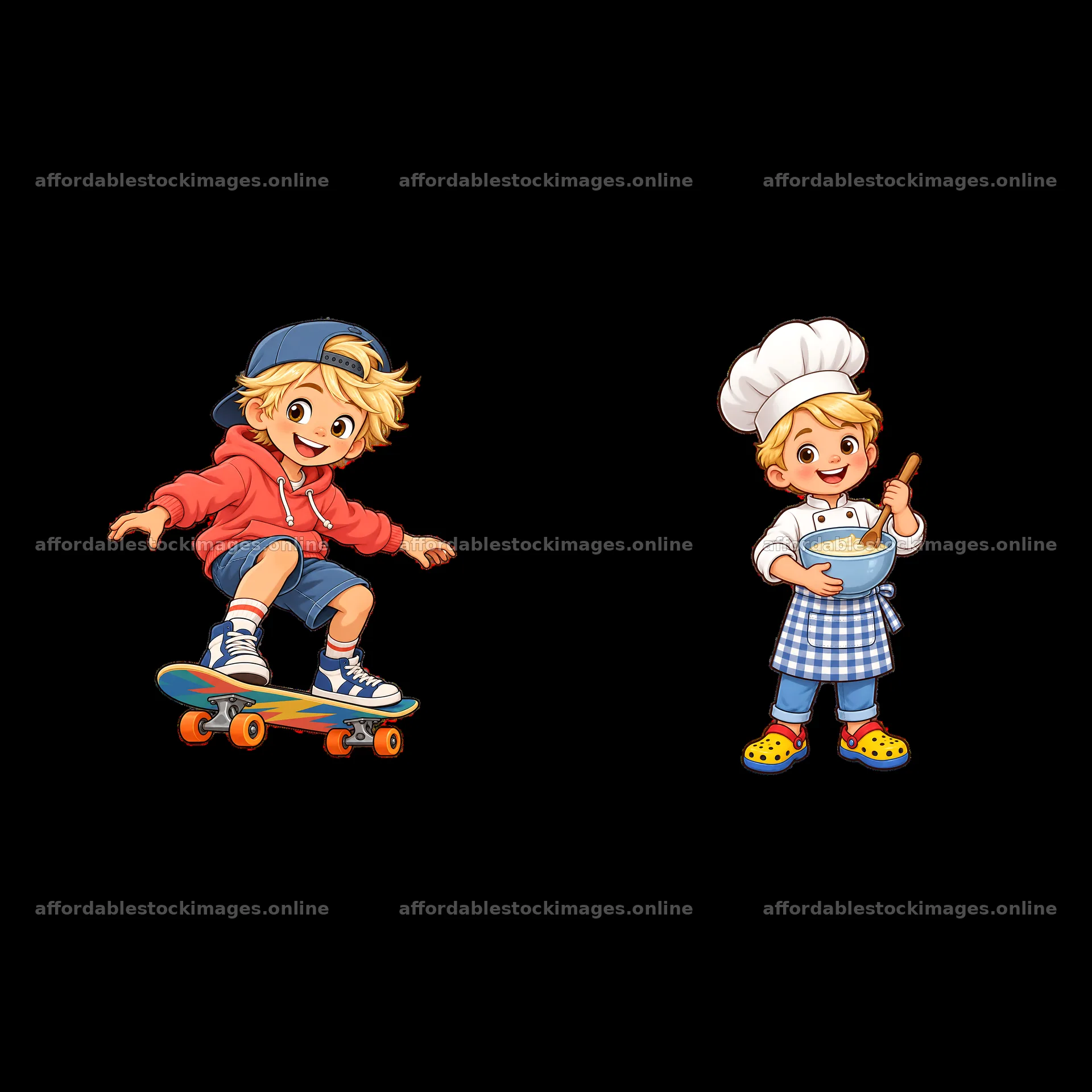 Blond child skateboarding and cooking in a bright illustration – stock images 7746x7746