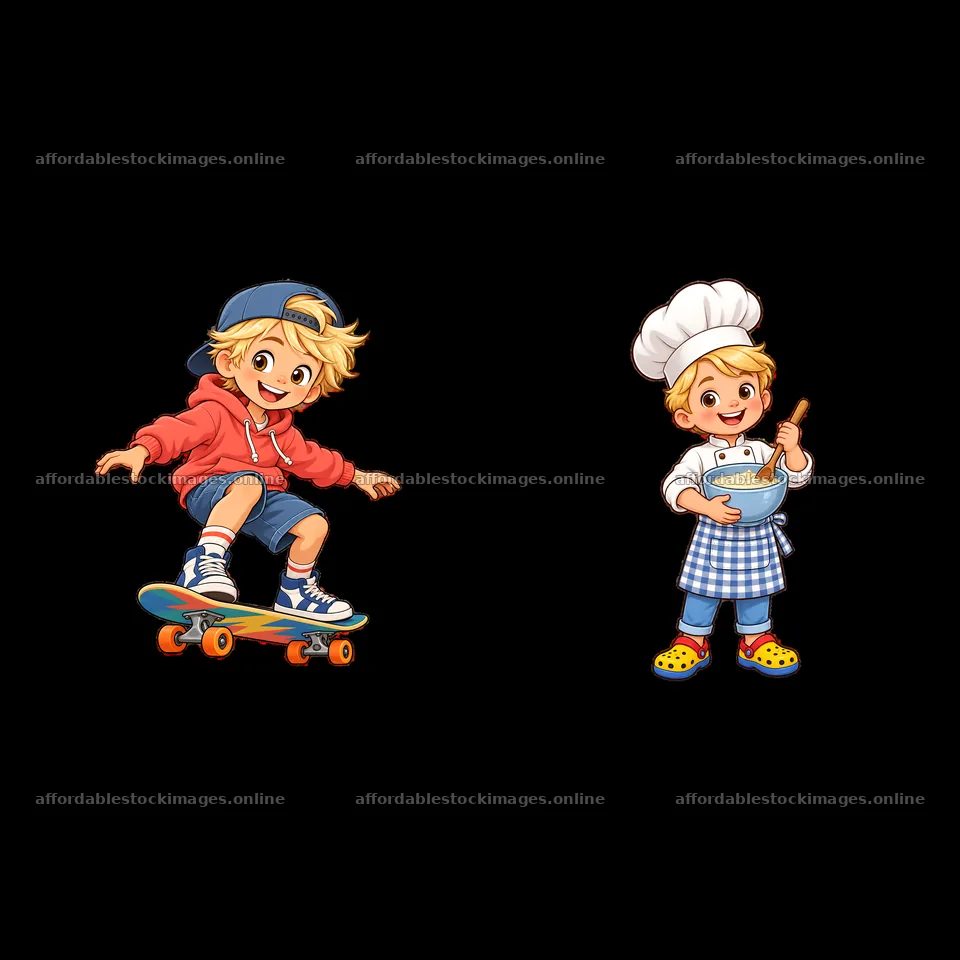 Blond child skateboarding and cooking in a bright illustration – stock images 7746x7746
