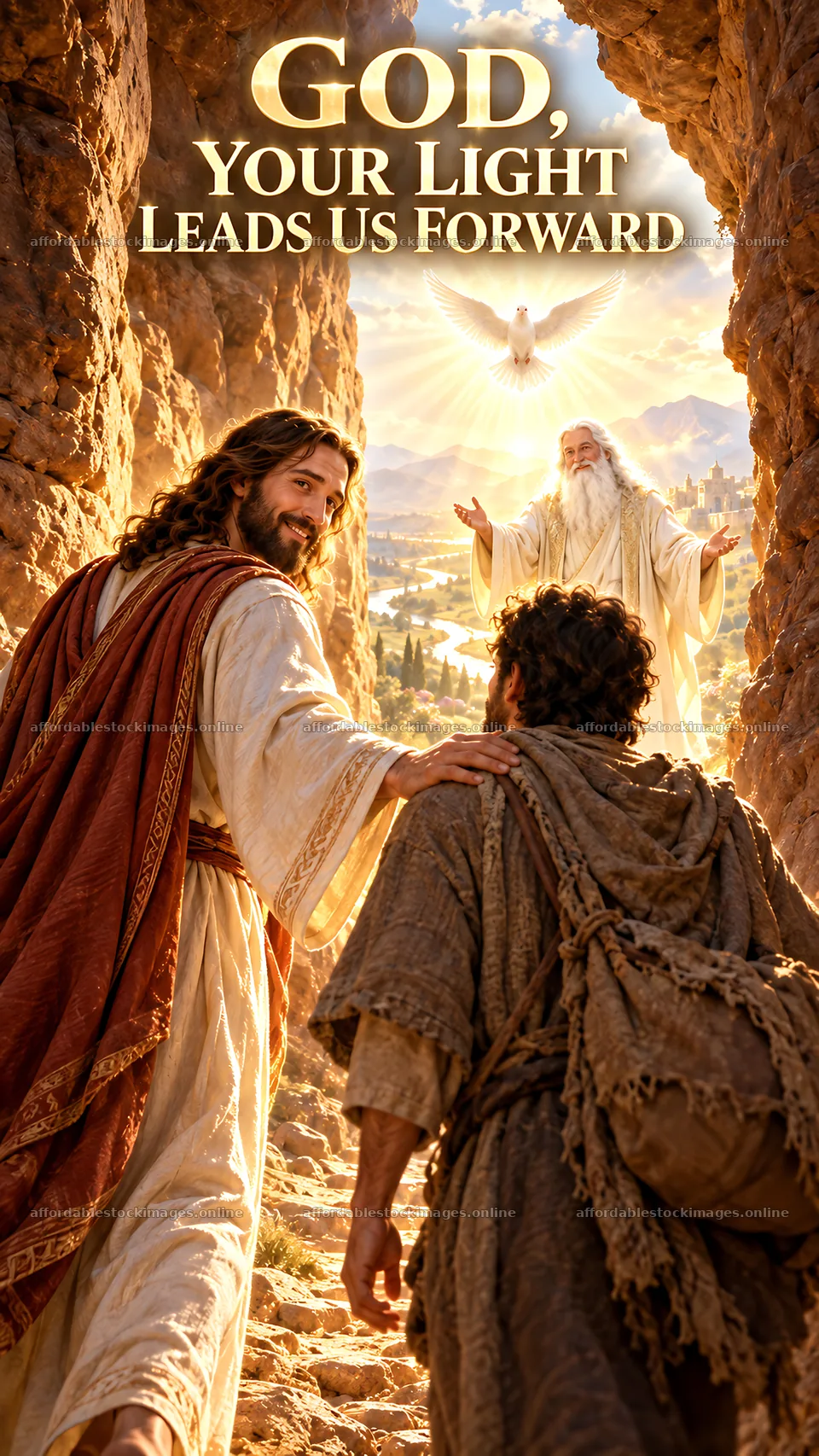 Jesus Christ guiding a traveler in a mountainous landscape – stock images 5811x10326