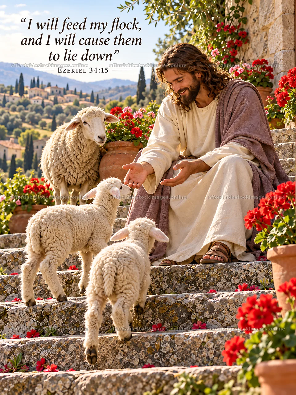 Jesus Christ interacts with sheep in a garden setting – stock images 6708x8945
