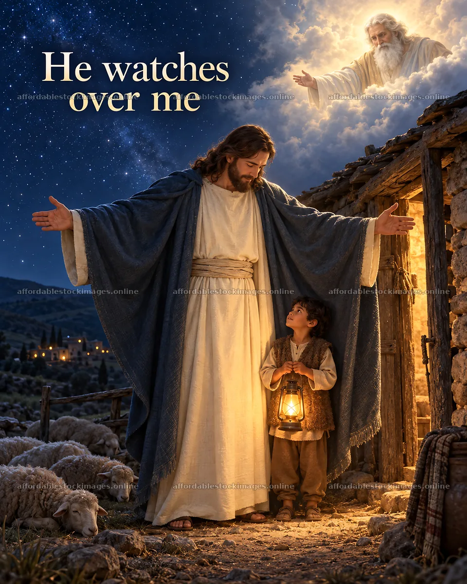 Jesus Christ watches over a child in a peaceful pastoral scene – stock images 6930x8659