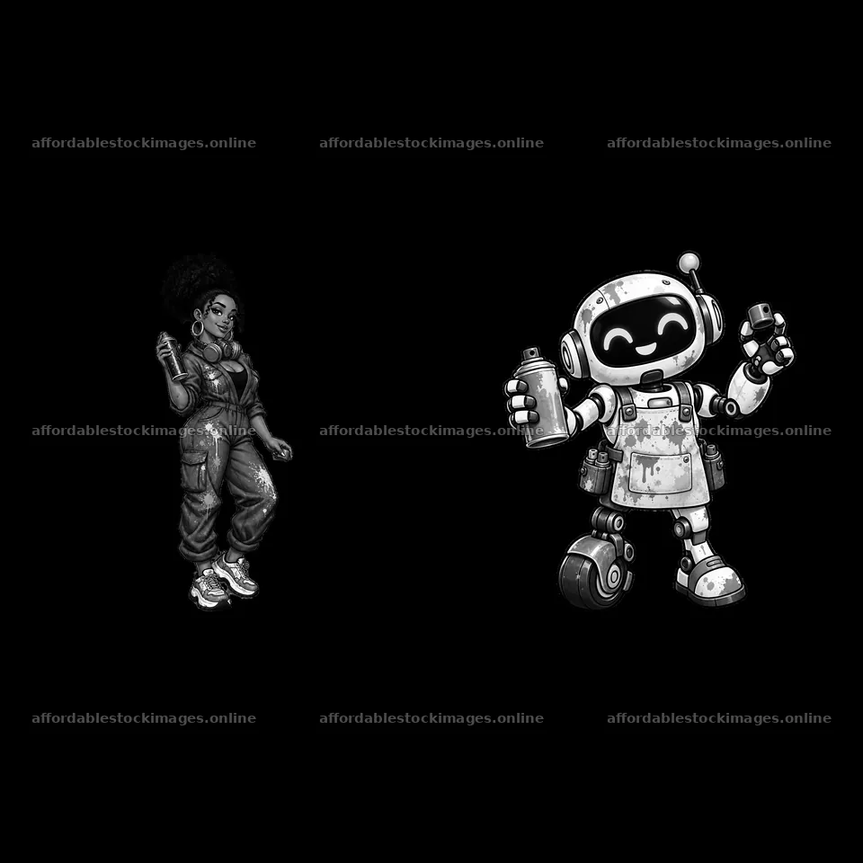 Graffiti sprayer with robot buddy holding spray cans – stock images 7746x7746