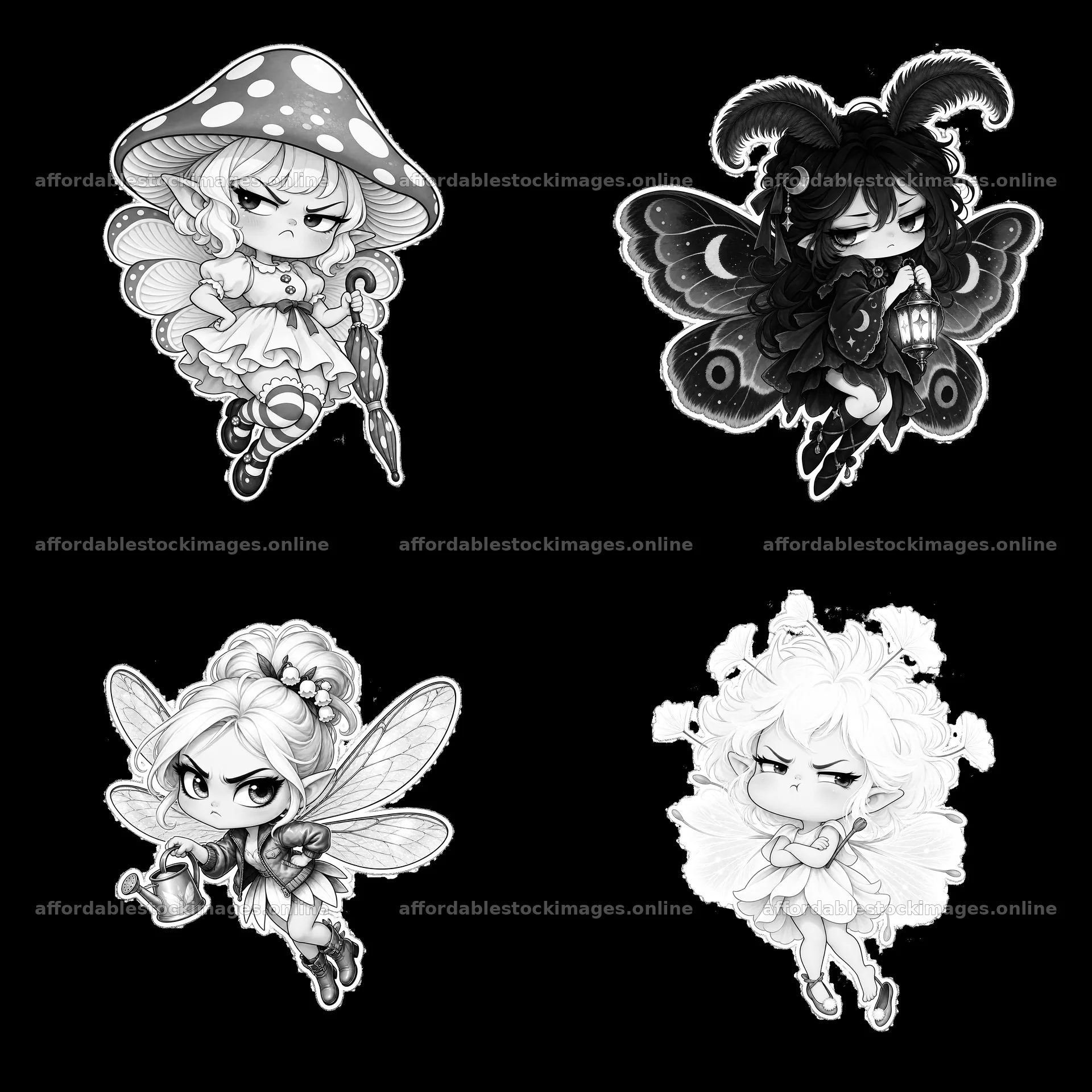 Kawaii grumpy fairies with distinct accessories in black and – stock images 7746x7746