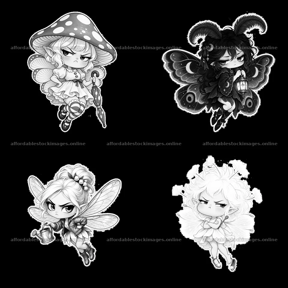 Kawaii grumpy fairies with distinct accessories in black and – stock images 7746x7746