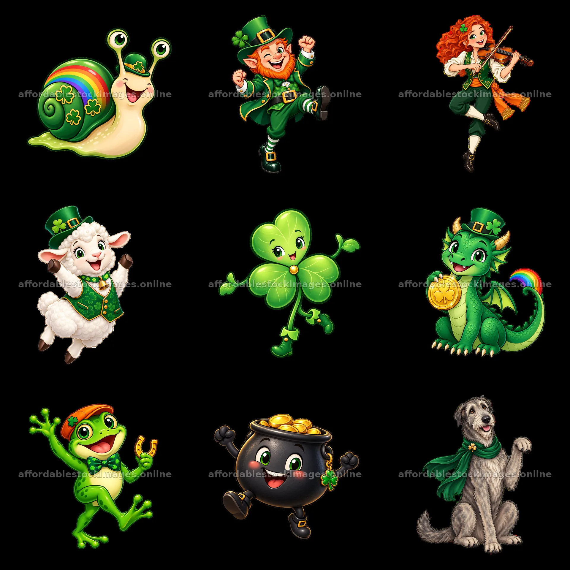 St. Patrick's Day cartoon characters and symbols in a grid – stock images 7746x7746