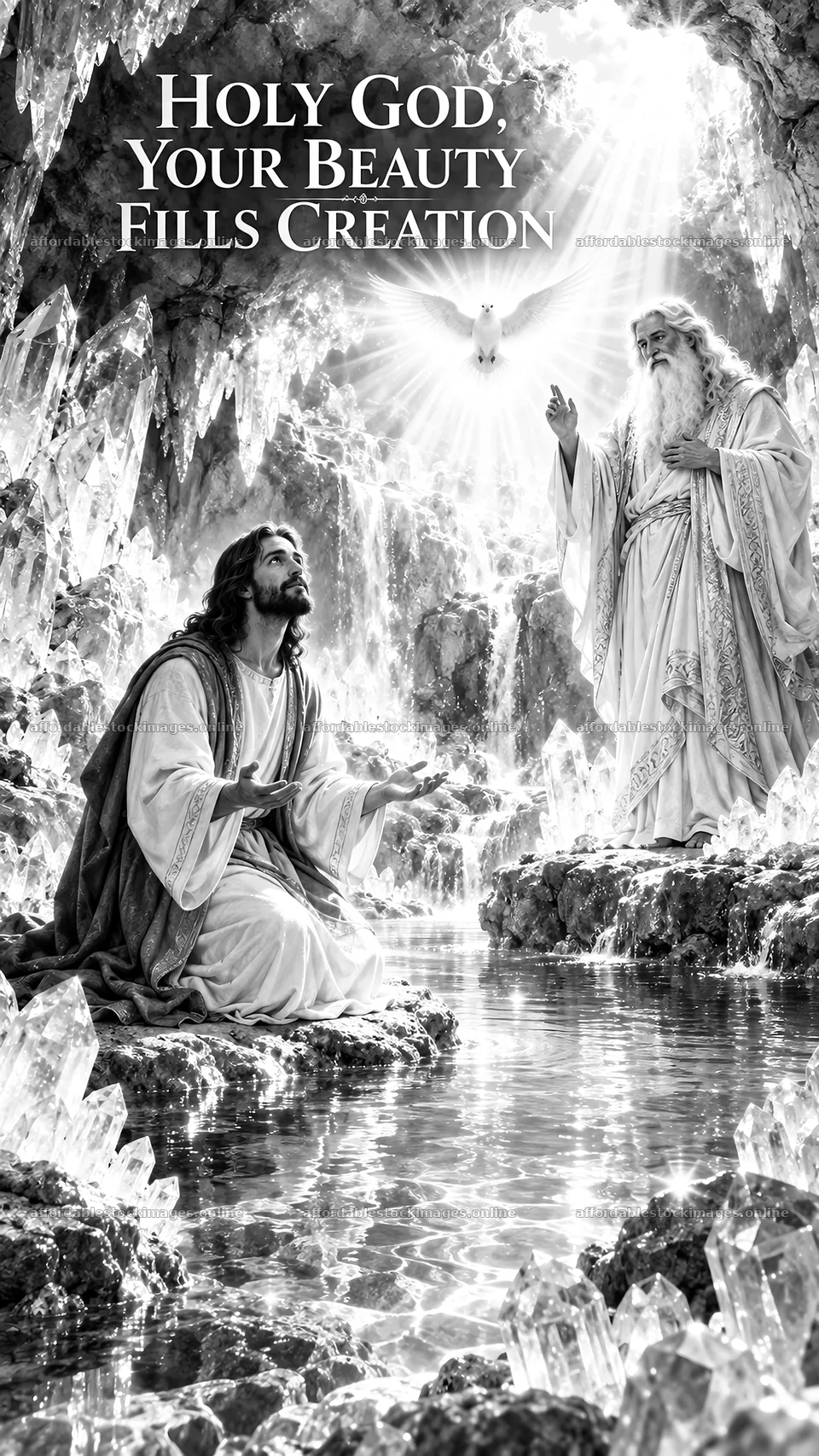 Jesus Christ praying in a sacred space surrounded by light – stock images 5811x10326