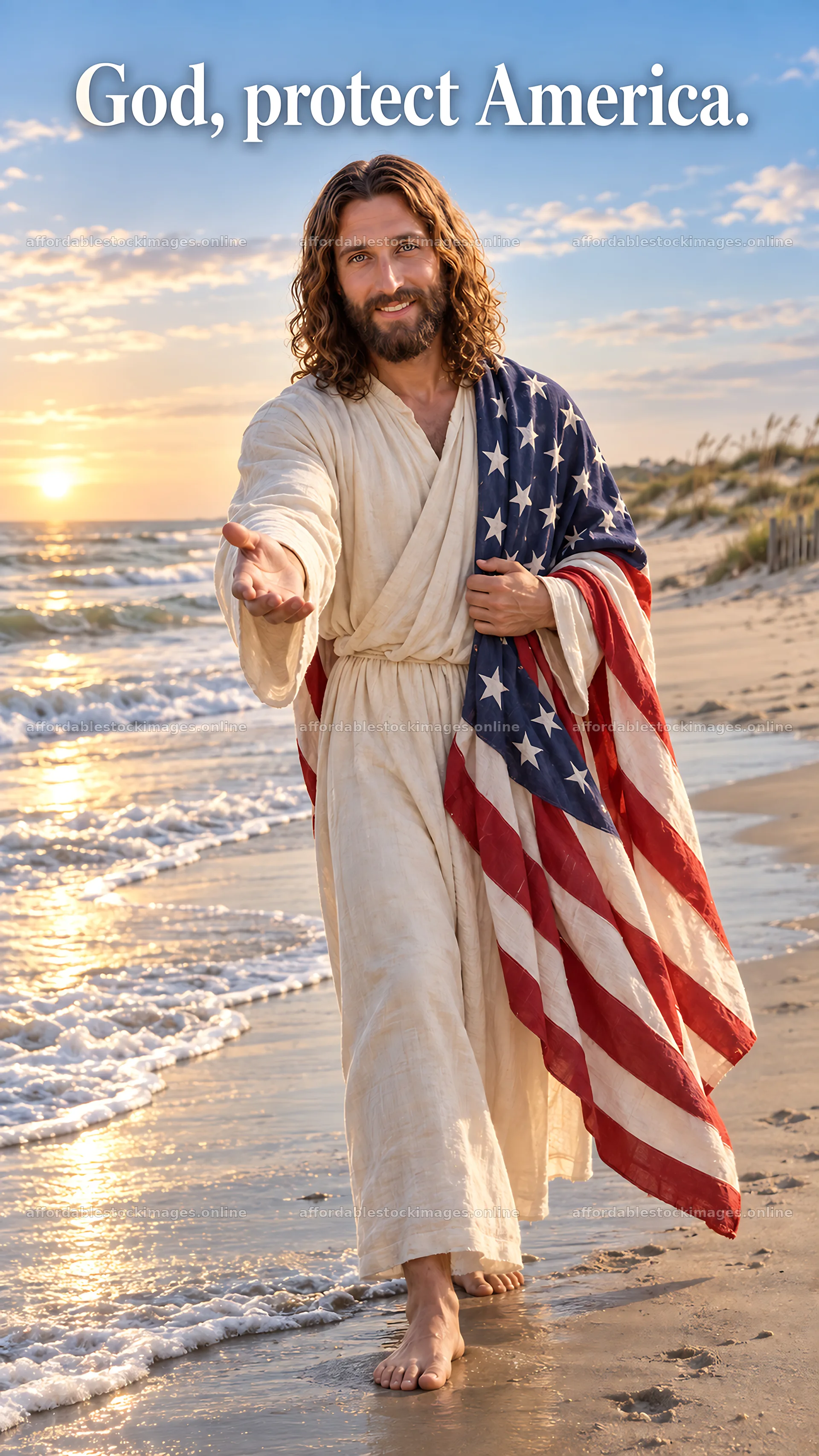 Jesus Christ walking along the beach with an American flag – stock images 5811x10326