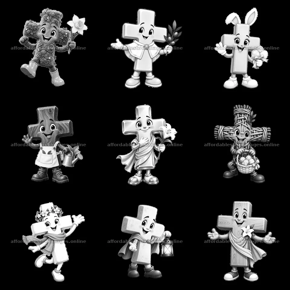 Easter cross characters engaging in various festive activities – stock images 7746x7746