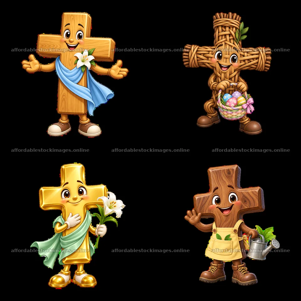 Easter cross characters with flowers and Easter basket in a grid – stock images 7746x7746