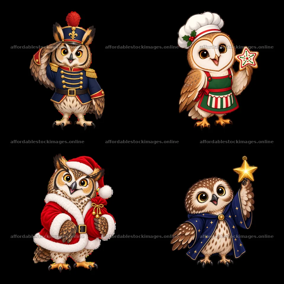 Christmas owls in festive outfits celebrating the holiday season – stock images 7746x7746