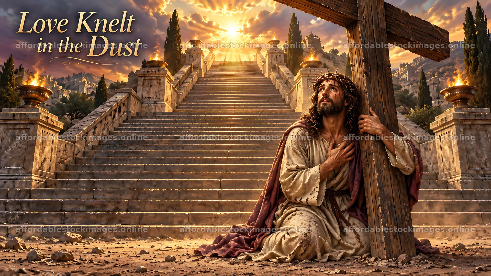 Love knelt in the dust at the foot of a cross – stock images 10580x5954