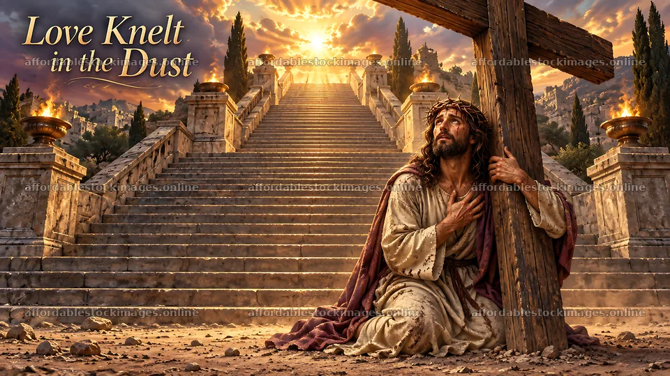 Love knelt in the dust at the foot of a cross – stock images 10580x5954