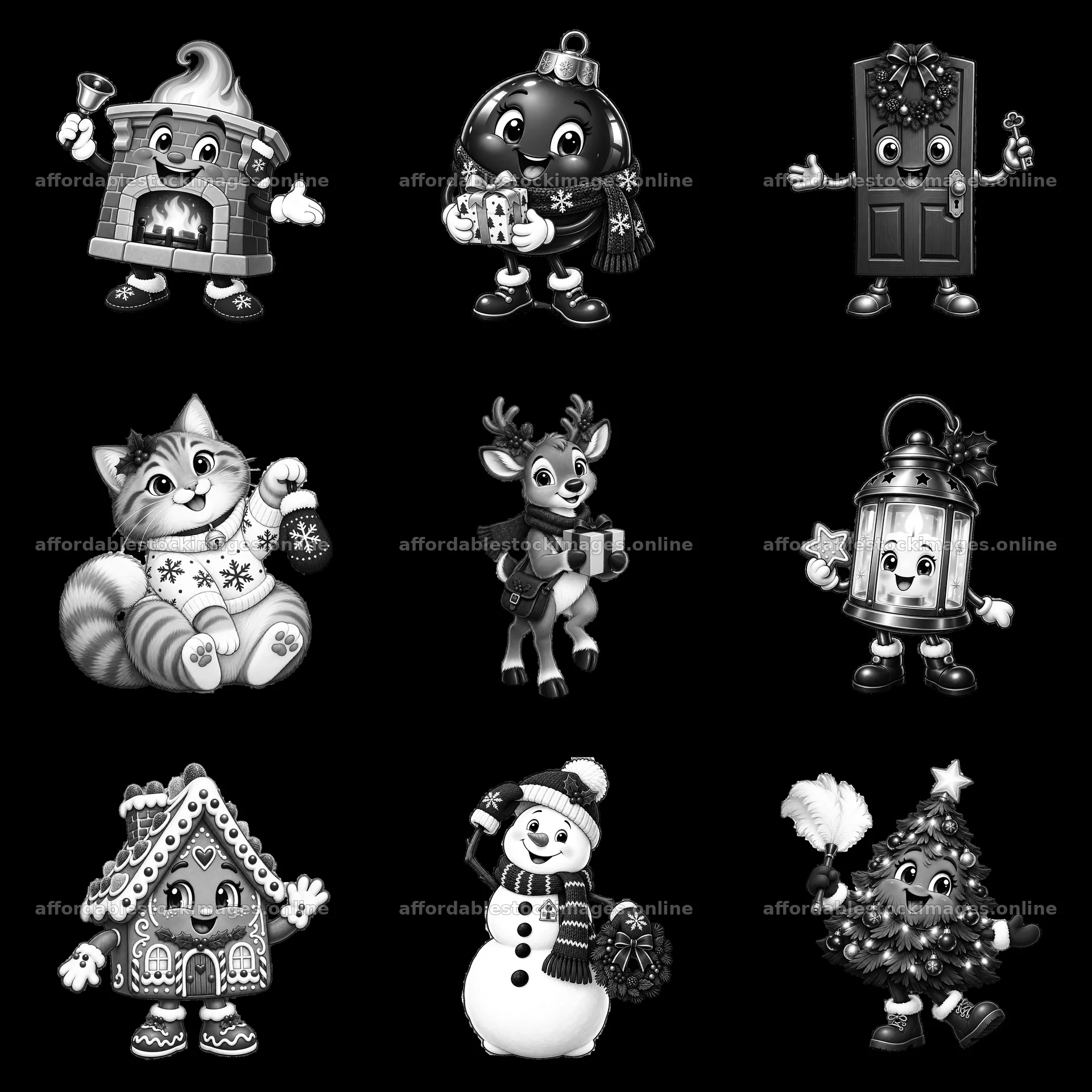 Cartoon characters celebrating Christmas in a festive house – stock images 7746x7746