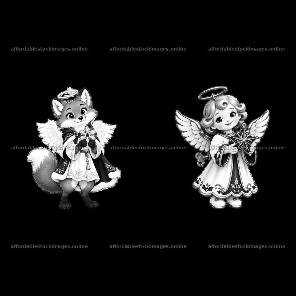 Christmas angel fox and girl character cartoon sticker design – stock images 7746x7746