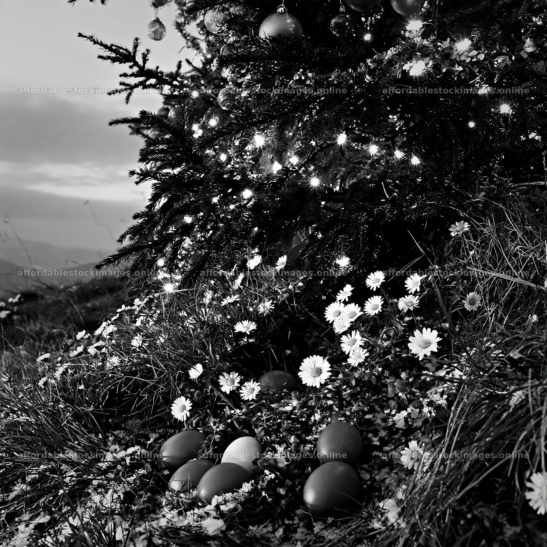 Decorated Christmas tree with lights in snowy meadow – stock images 7938x7938