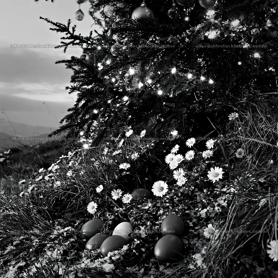 Decorated Christmas tree with lights in snowy meadow – stock images 7938x7938
