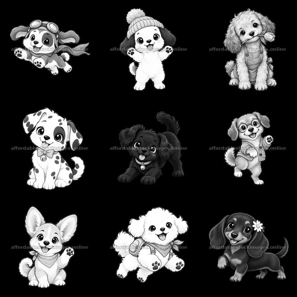 Cute dog stickers in a 3x3 arrangement featuring different – stock images 7746x7746
