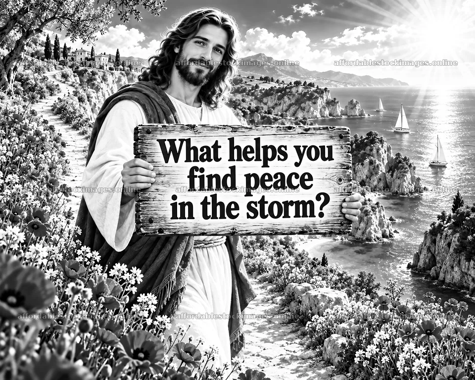 Jesus Christ holding a sign in a natural landscape – stock images 8659x6930