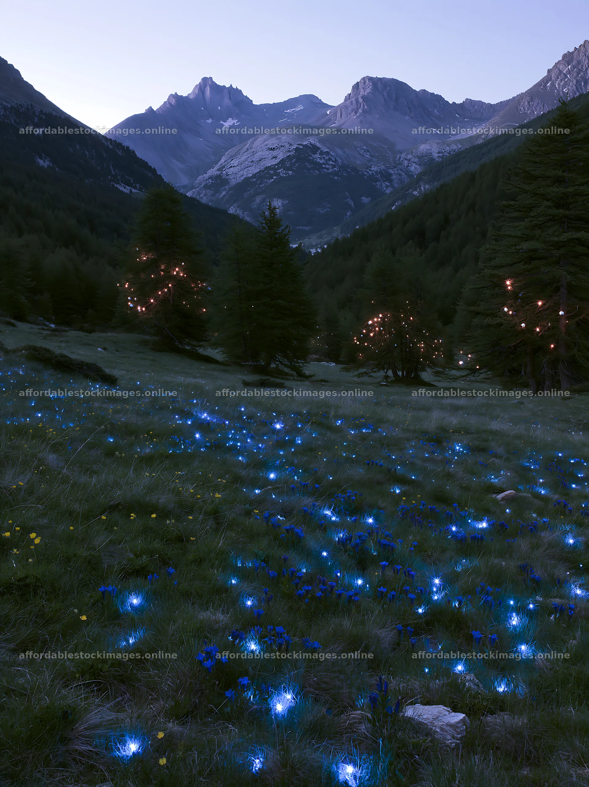 Christmas lights illuminate mountain valley meadow – stock images 6866x9174
