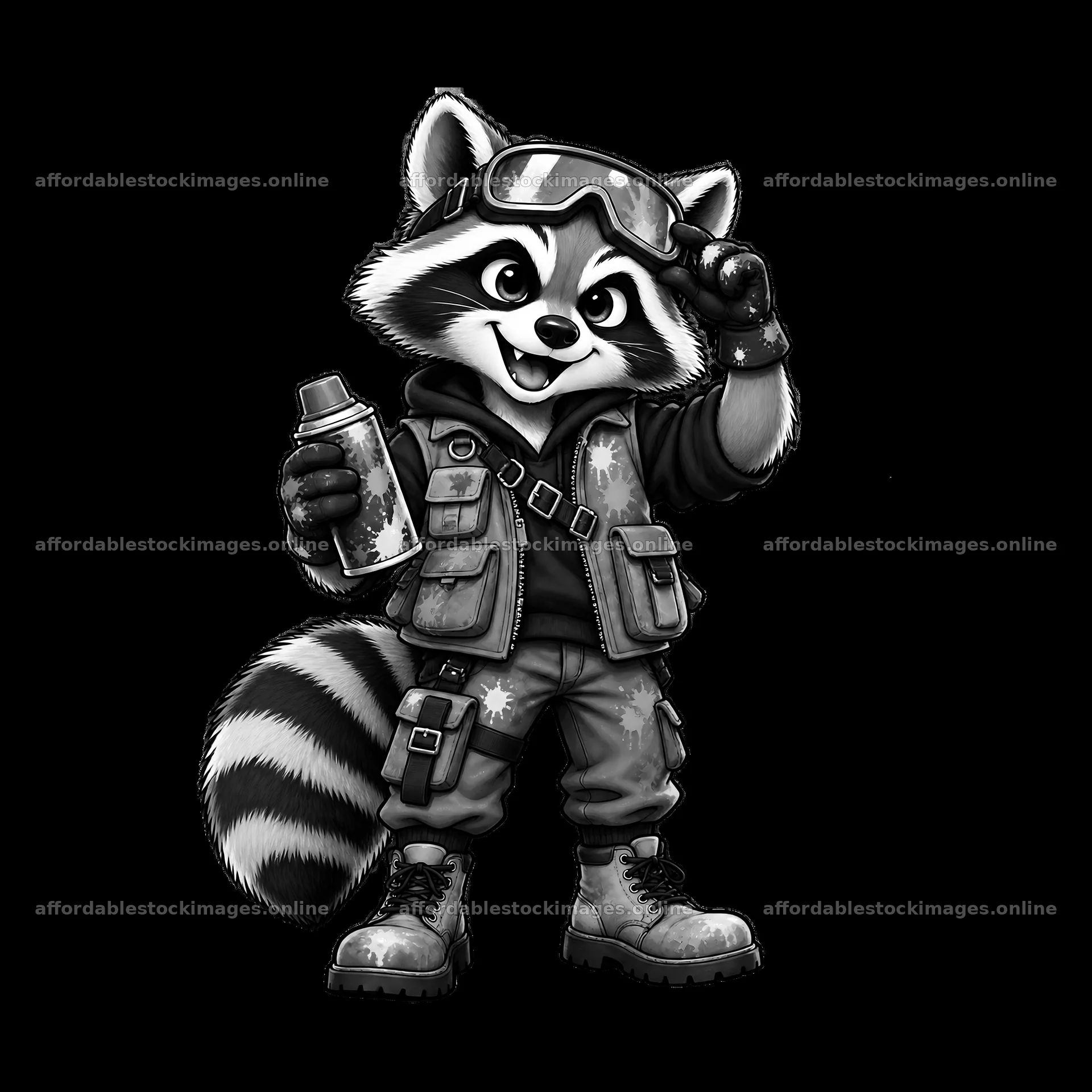 Raccoon graffiti sprayer holding spray can in urban setting – stock images 7746x7746