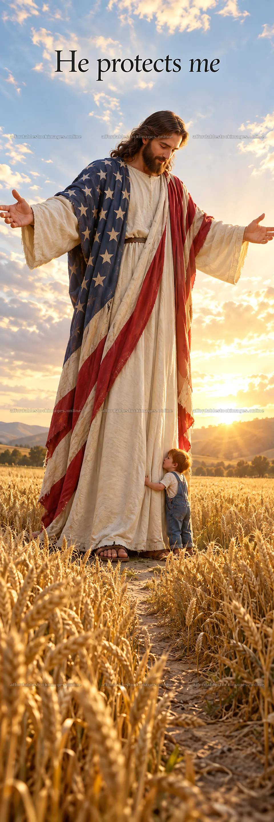 Jesus Christ embracing a child in a wheat field – stock images 4472x13417