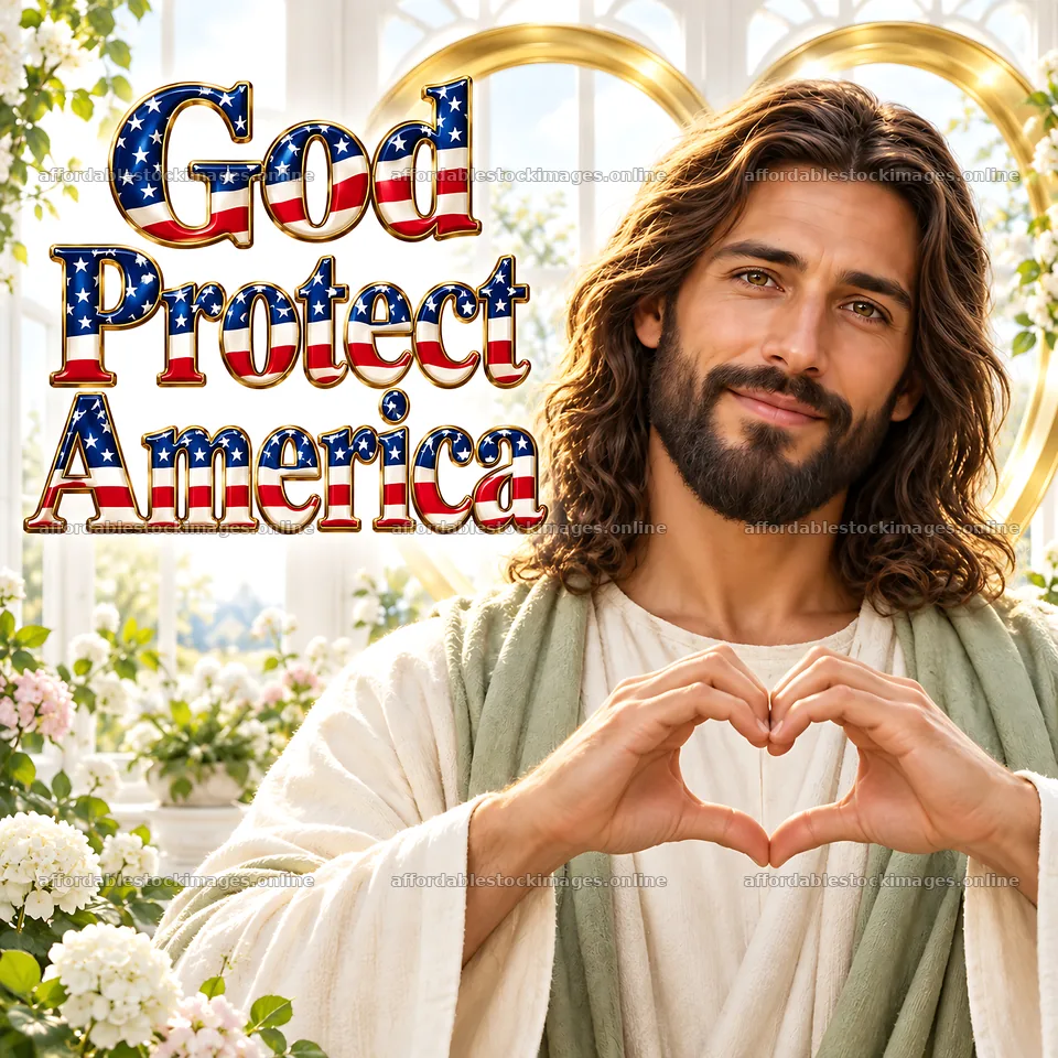Jesus Christ making a heart gesture in front of a floral setting – stock images 7746x7746