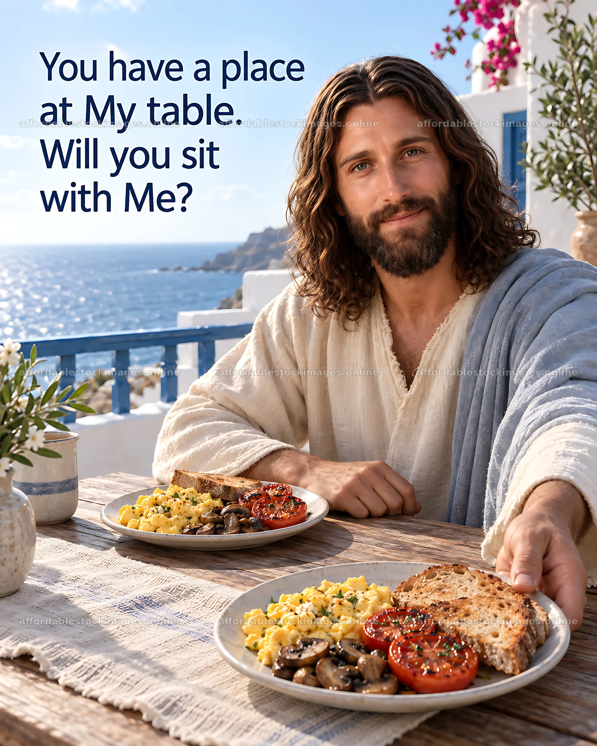 Breakfast invitation with scenic view by the sea – stock images 7100x8872