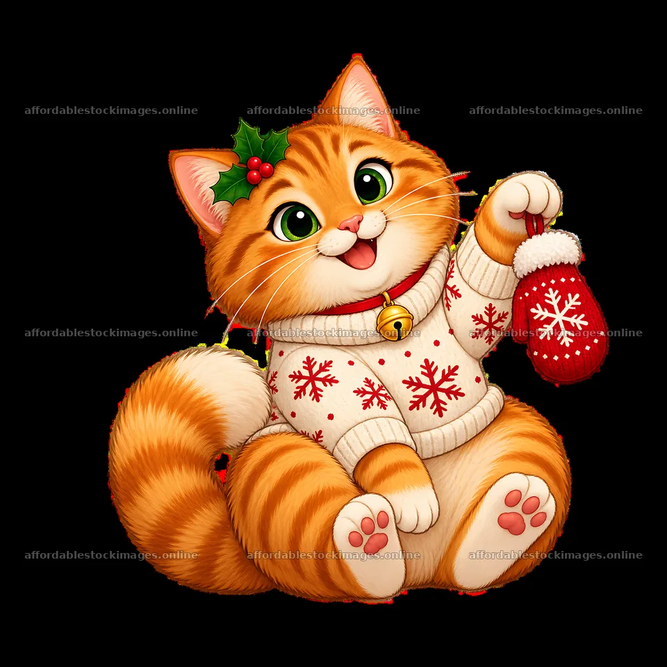 Cheerful cat in Christmas sweater holding red mitten – stock images 7746x7746